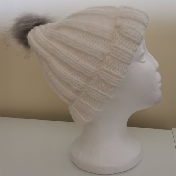 Hand Knitted Ribbed Hat With Pom Pom, Adult Chunky Hat