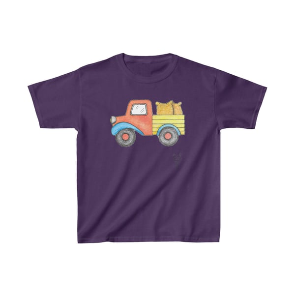 Farm Truck Lorry Vehicle Kids Heavy Cotton Tee Hand Drawn by Bikabunny