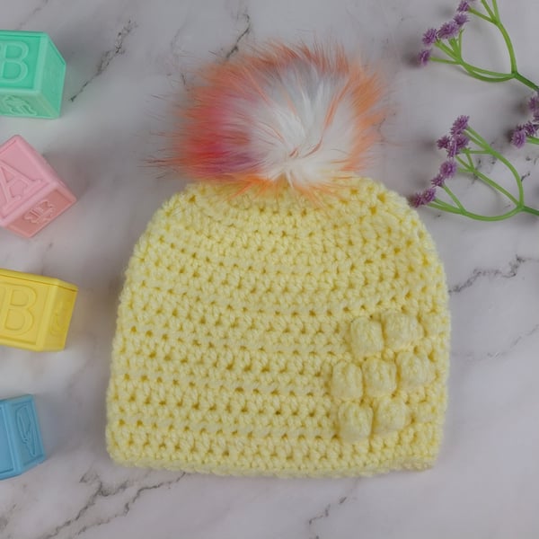 Lemon Yellow Crochet Baby Hat with Rainbow Faux Fur Pom - Newborn to 3 Months