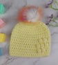 Lemon Yellow Crochet Baby Hat with Rainbow Faux Fur Pom - Newborn to 3 Months - Image 1