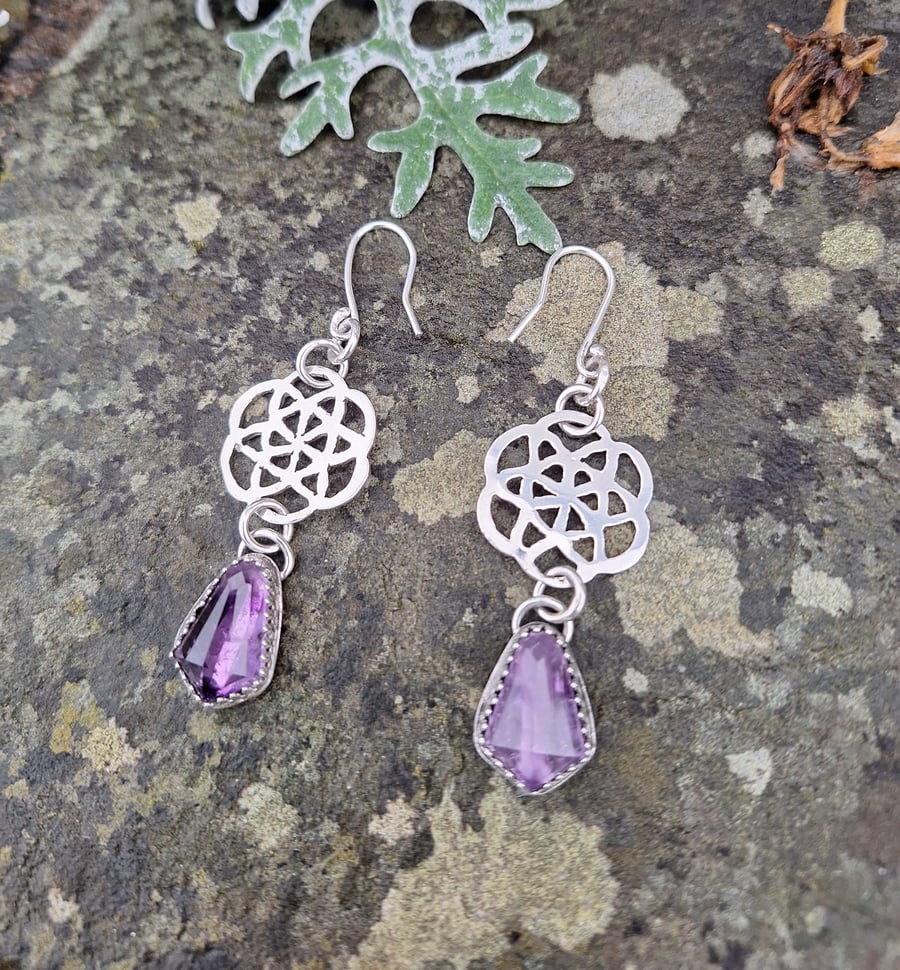 Seed of Life Amethyst Statement Earrings in Sterling Silver