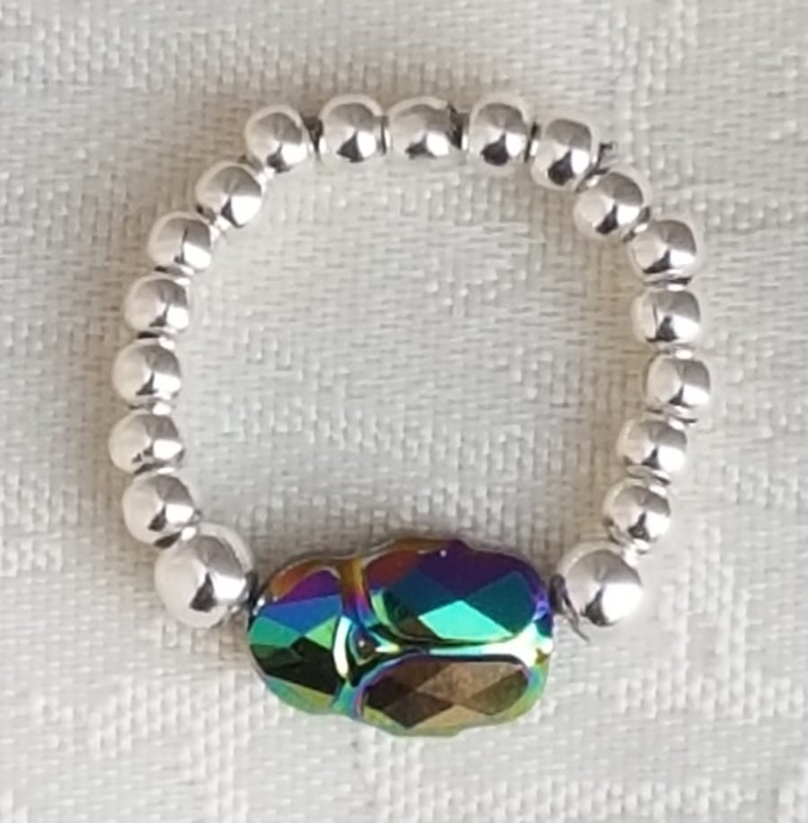 Beautiful Silver bead Ring with Scarab Beetle charm bead - UK Ring Size R