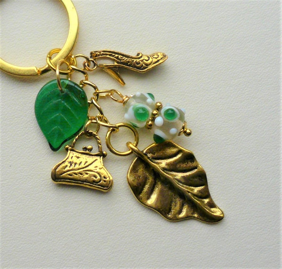Green and Gold Shoe Handbag Leaf Keyring or Bag Charm   KCJ1934