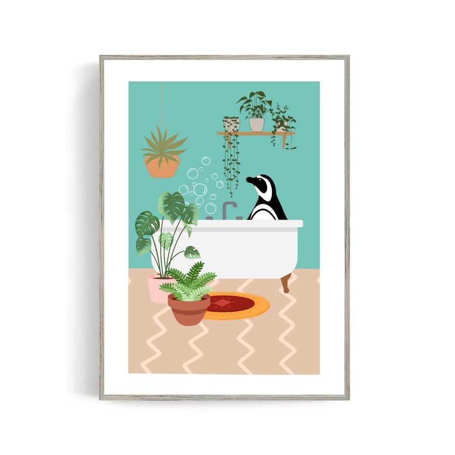 Funky Bathroom Picture, Penguin In Bath Artwork, Nursery, Bathroom