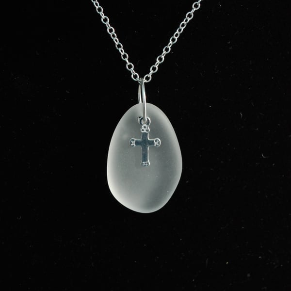 Beach glass pendant with little cross