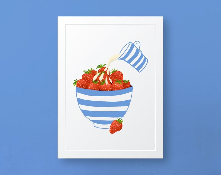 Strawberries and Cream in a Cornishware Bowl, A5 Art Print, Giclee Print