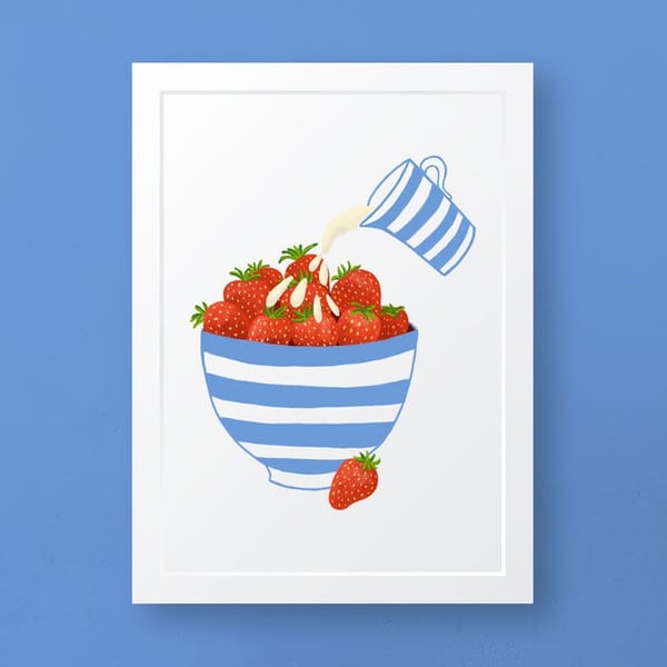 Strawberries and Cream in a Cornishware Bowl, A5 Art Print, Giclee Print