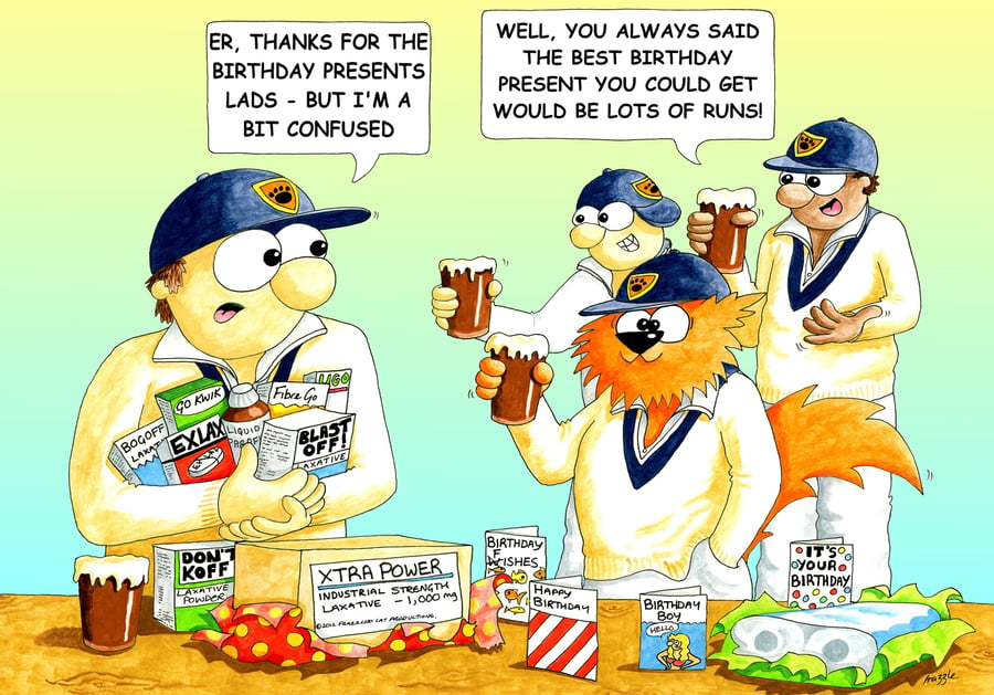 Cricket birthday card. RUNS. Funny cartoon card.  FREE UK P&P
