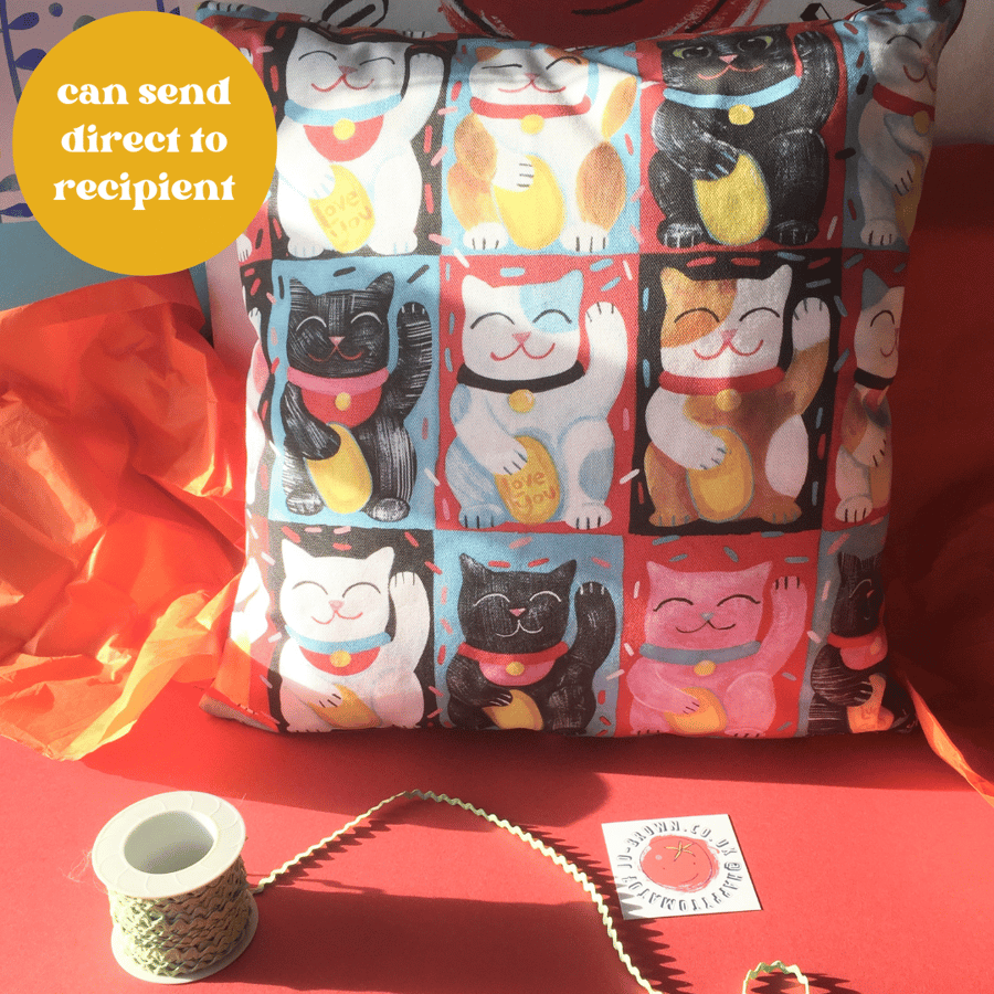 Lucky waving Cats- colourful Cushion with pad by Jo Brown Happy Tomato 