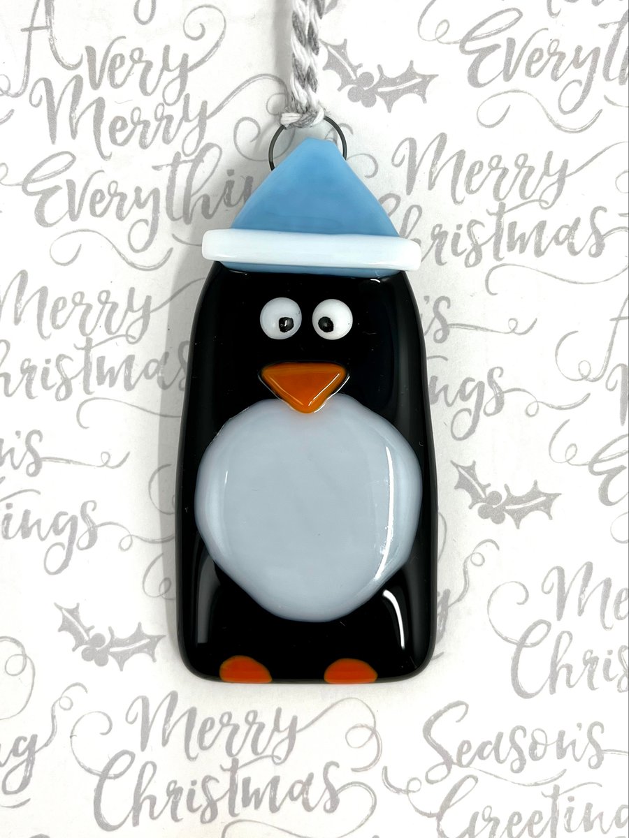 Large Handmade Fused Glass Penguin Hanging Christmas Decoration 