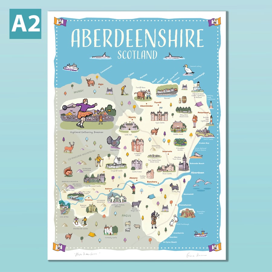 Aberdeenshire, Scotland A2 illustrated map poster