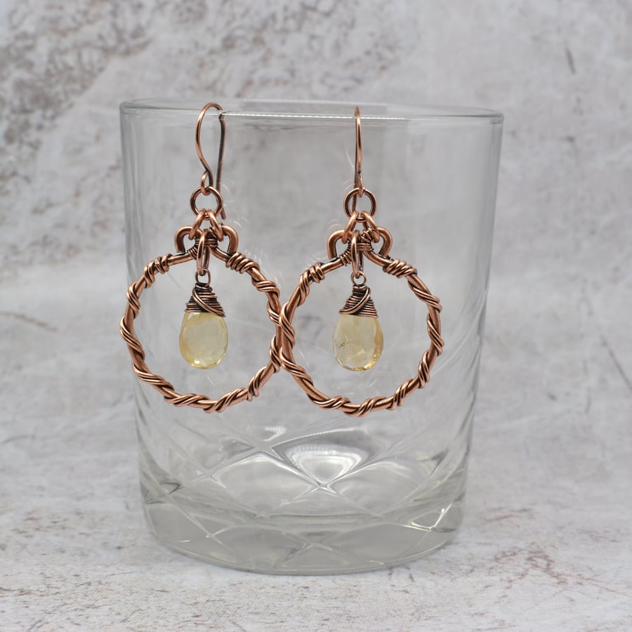Wire Wrapped Citrine and Copper Hoop Earrings
