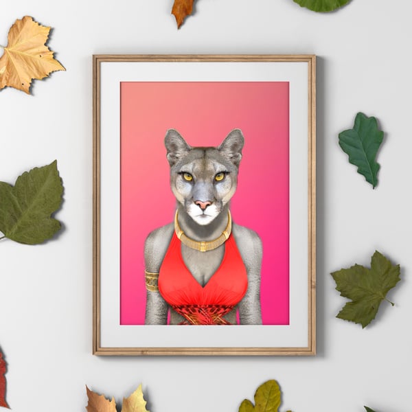 Cougar in clothes print - pink, green or off white (Animalyser)