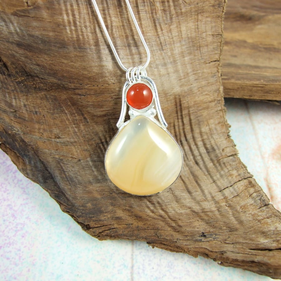 Carnelian and Agate Necklace, Sterling Silver with Bezel Set Gemstones