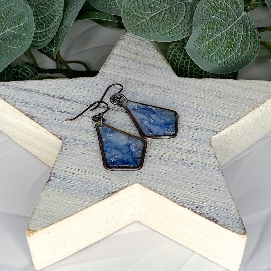 Earrings, Copper and Denim Blue Marbled Clay Droppers 