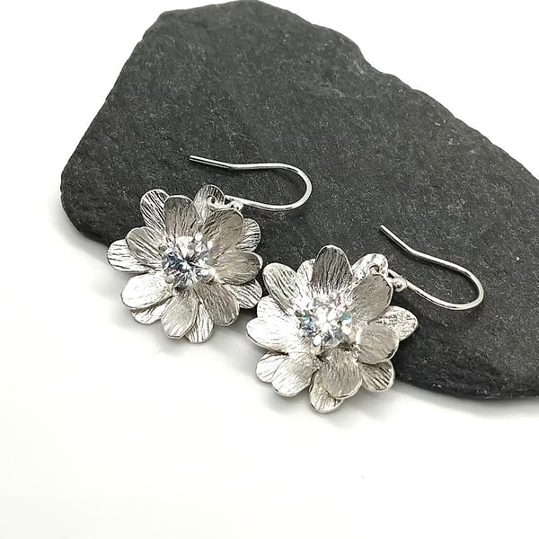 Sparkle flower drop earrings sterling silver