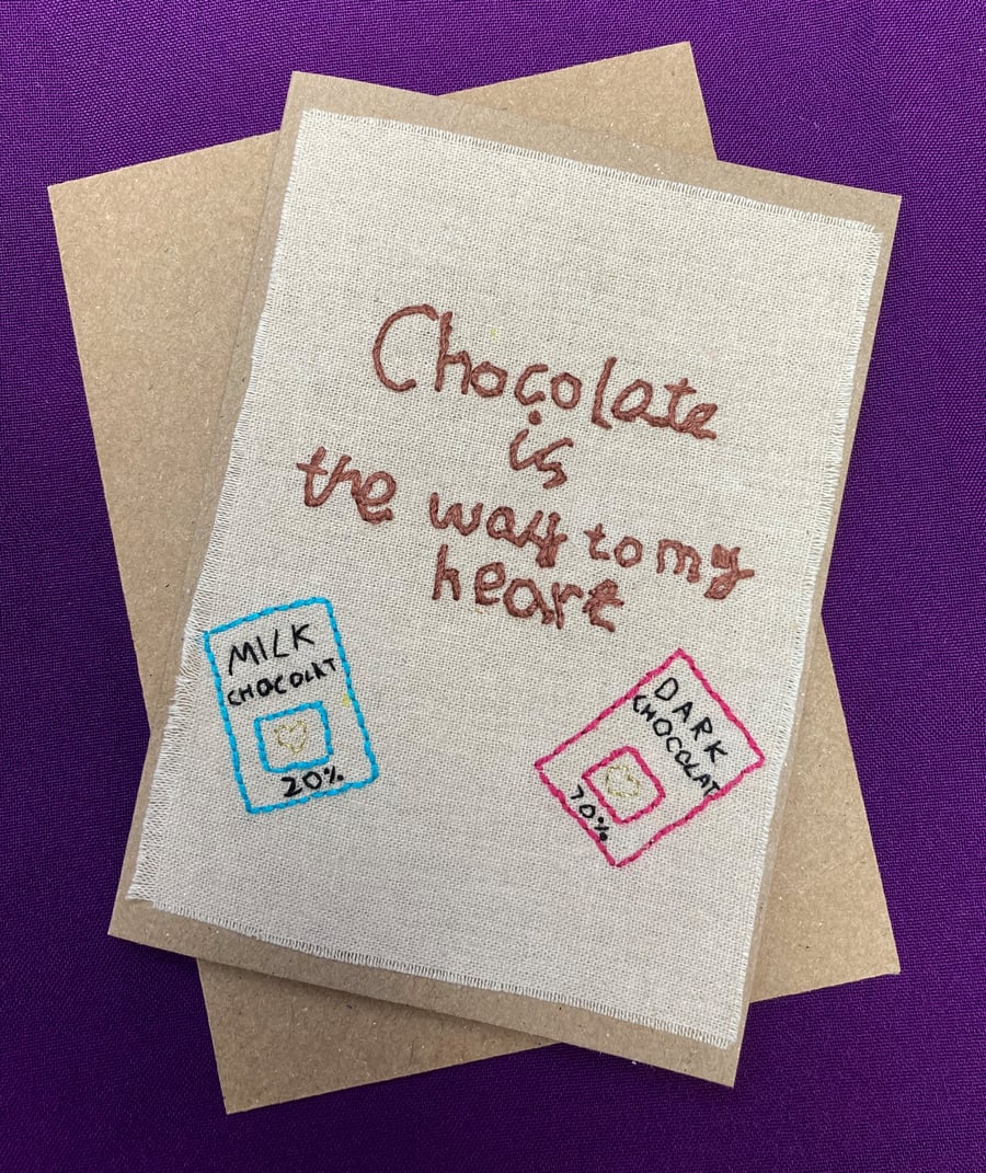 Love chocolate hand embroidered card.