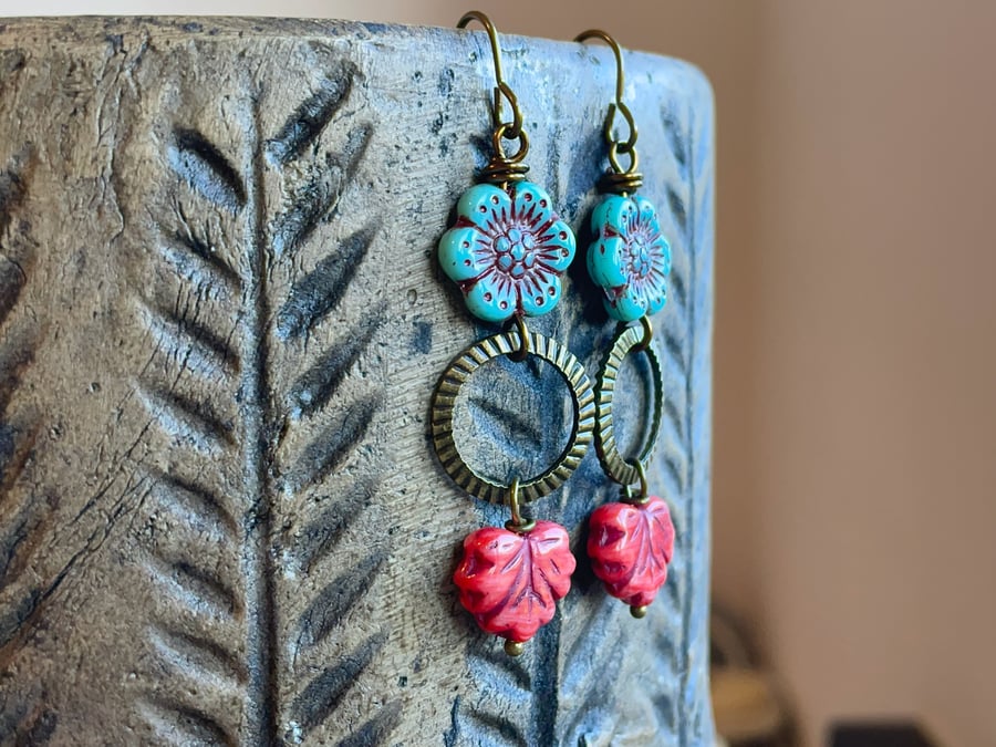Long Bohemian Blue & Red Czech Glass Earrings. Glass Maple Leaf Earrings