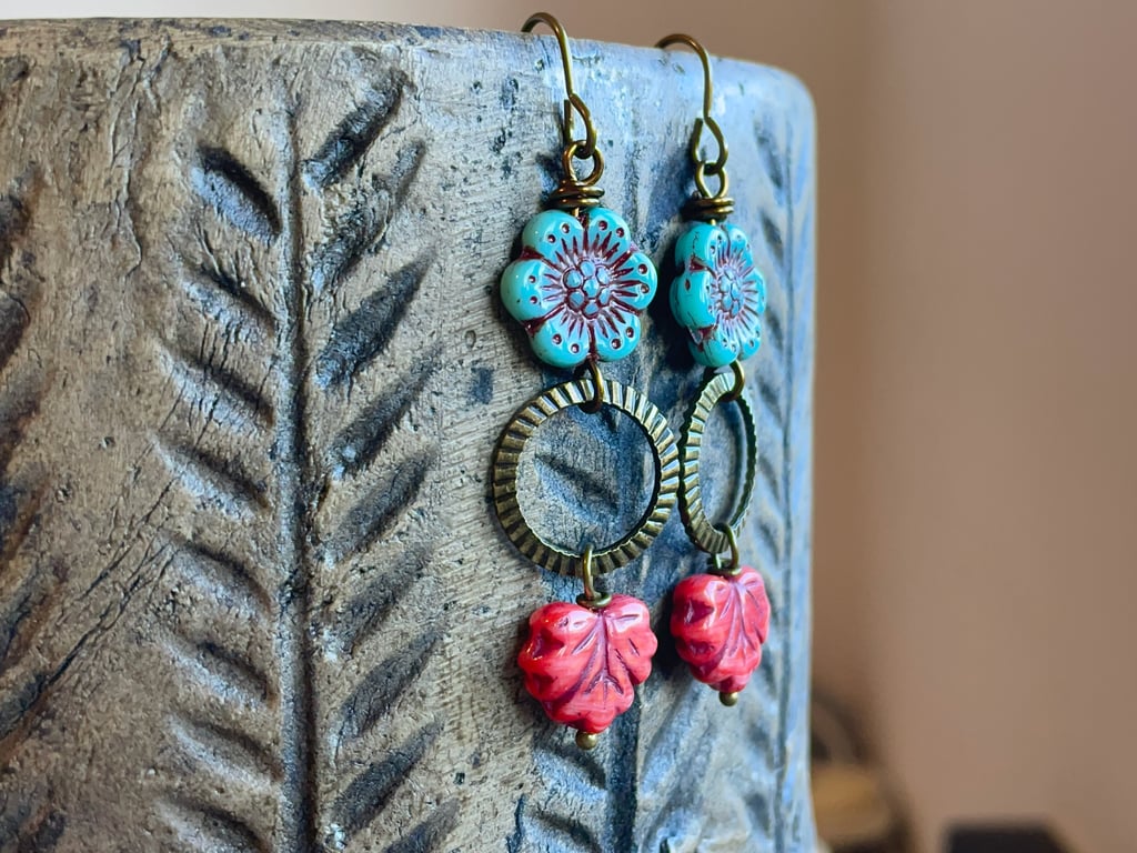 Long Bohemian Blue & Red Czech Glass Earrings. Glass Maple Leaf Earrings