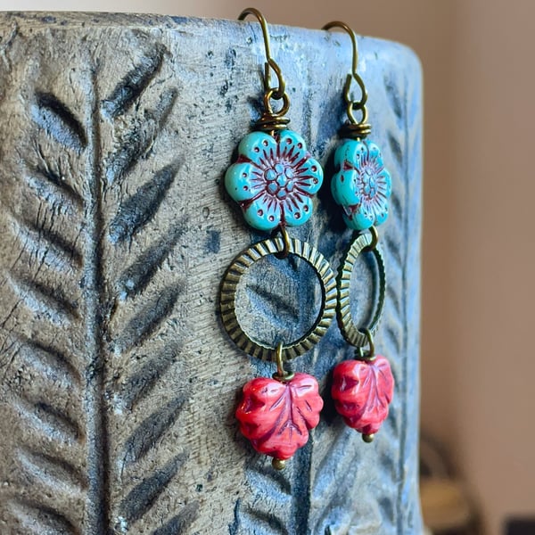 Long Bohemian Blue & Red Czech Glass Earrings. Glass Maple Leaf Earrings