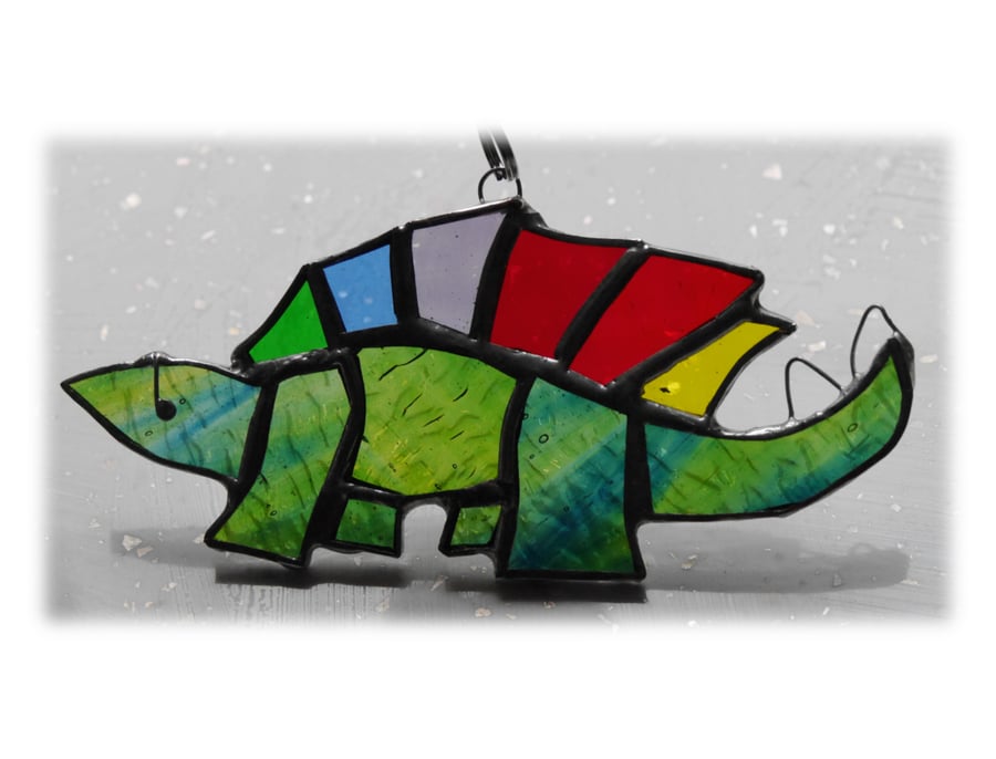 Dinosaur Suncatcher Stained Glass Stegosaurus Green 026