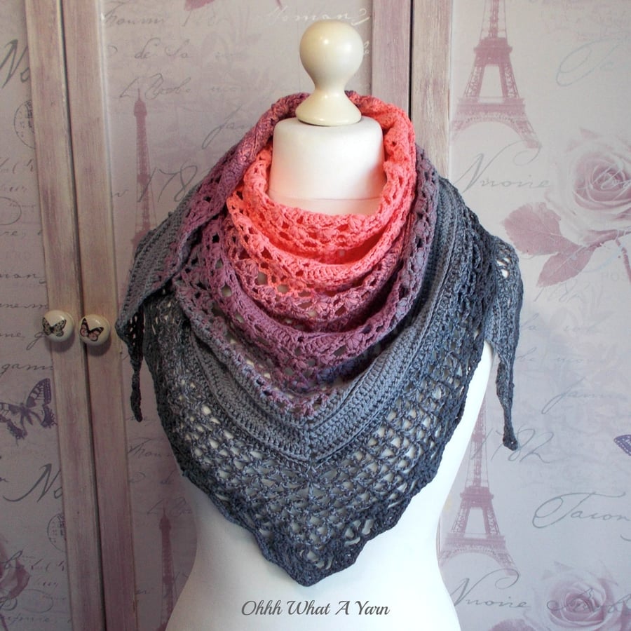 Crochet ombre lace cotton shawl in shades of peachy pink and grey. Crochet shawl