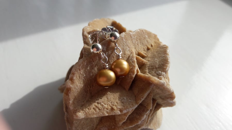 Old Gold Freshwater Pearl and Sterling Silver Earrings