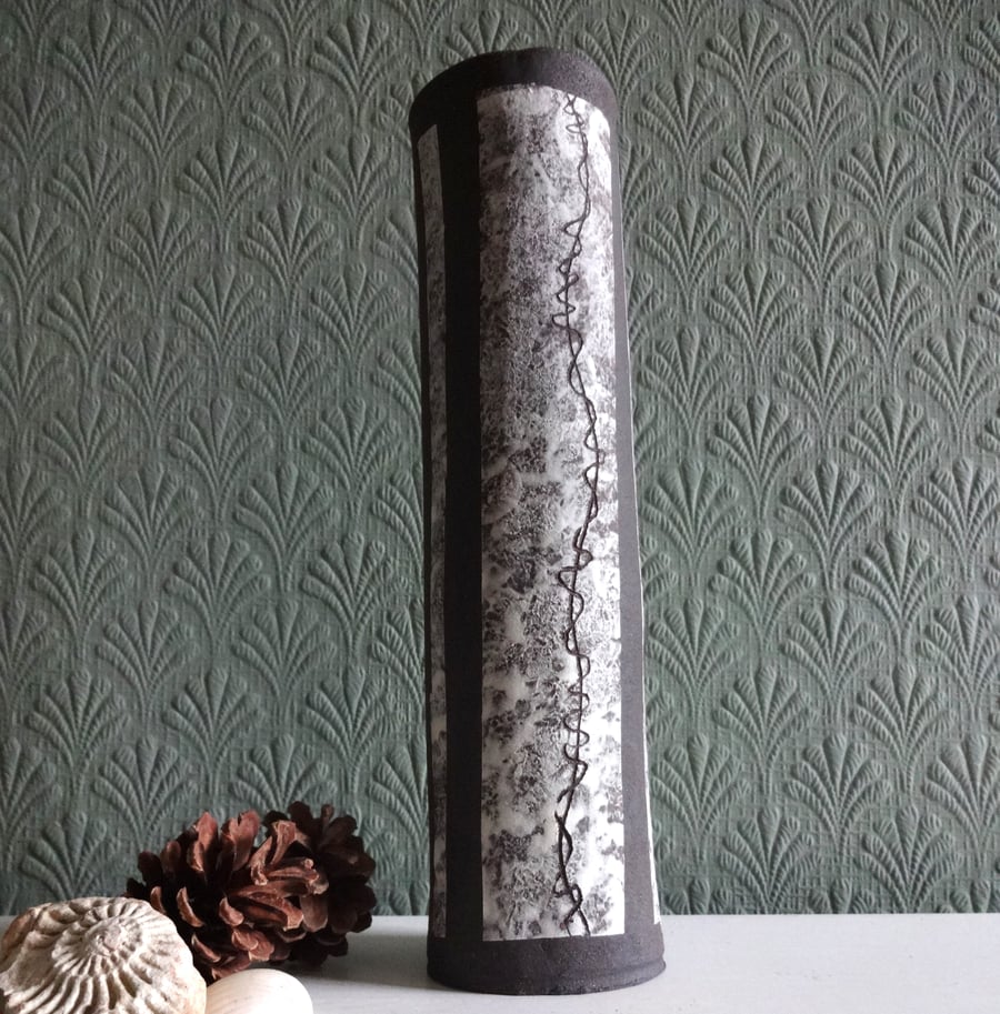 Slim ceramic vase, pottery vase.  Handmade from black clay with white decoration