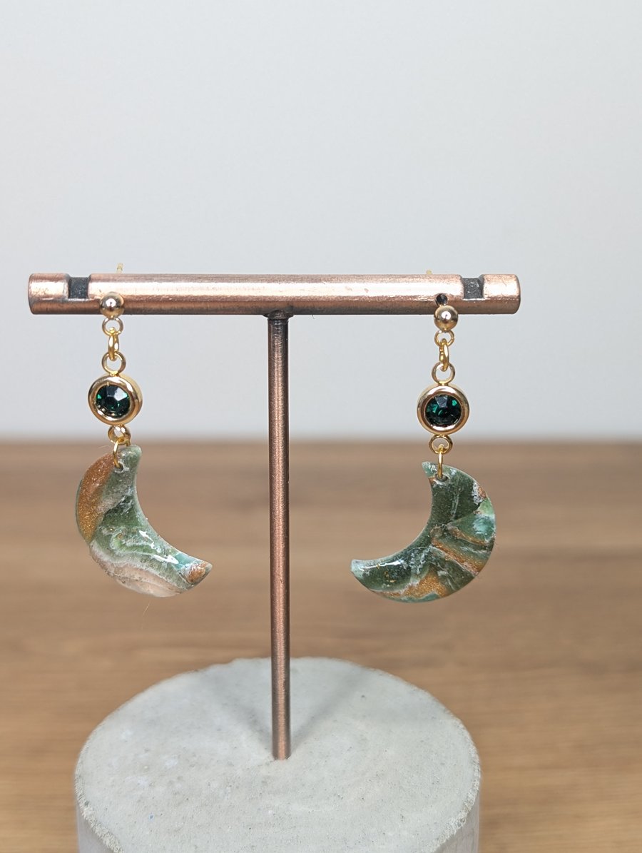 Green  stone marble mini moon green gem earrings