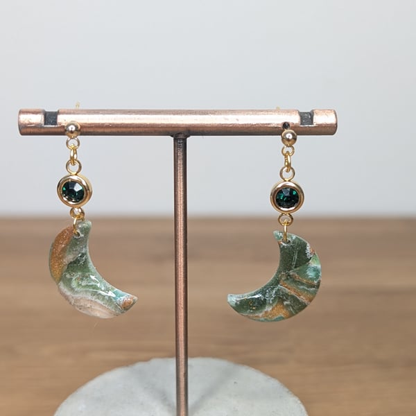 Green  stone marble mini moon green gem earrings