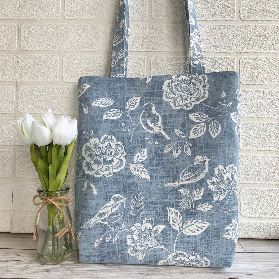 Birds and flowers tote bag in blue and white