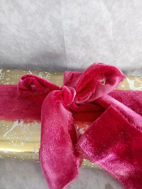 Hand Dyed Deep Pink Velvet Silk Ribbon: Feather edge Bridal Bouquet Ribbon