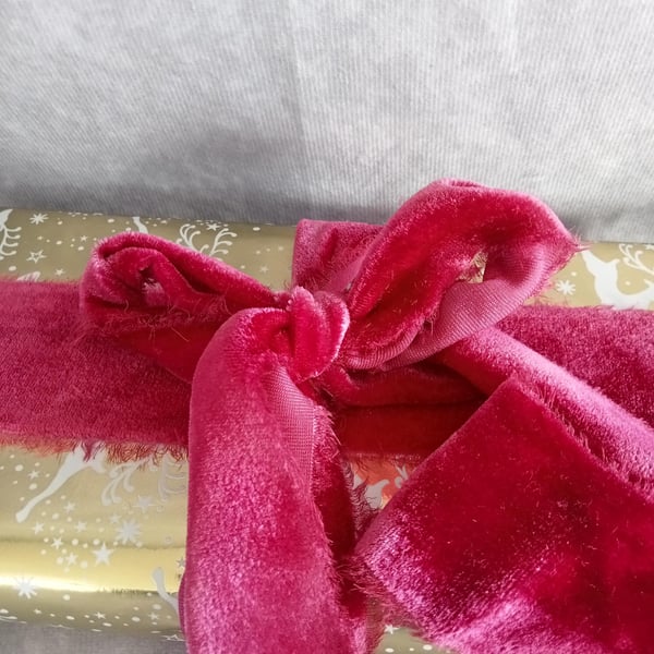 Hand Dyed Deep Pink Velvet Silk Ribbon: Feather edge Bridal Bouquet Ribbon