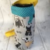Water bottle carrier with phone pocket. Grey, turquoise and yellow dog design.