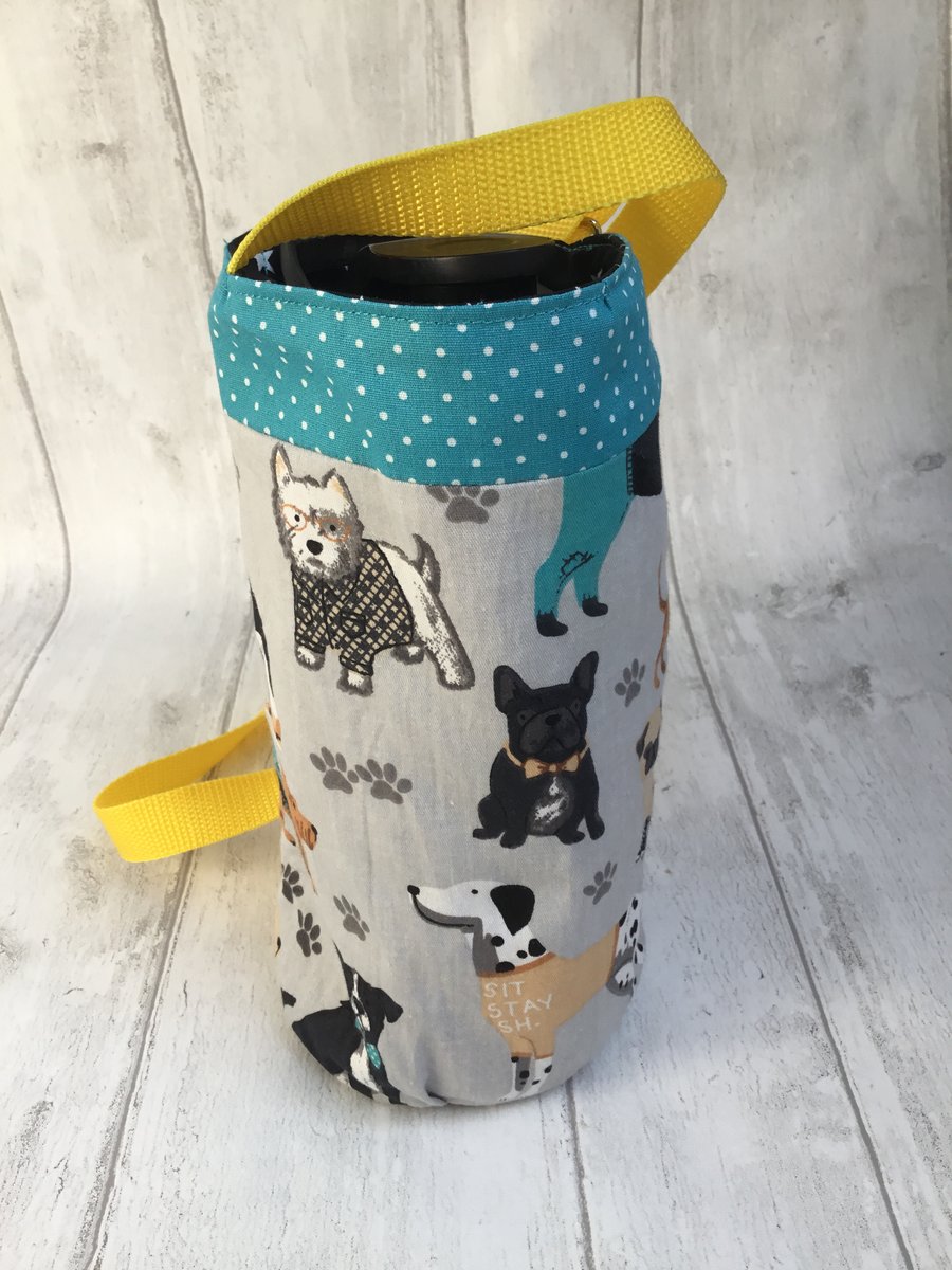 Water bottle carrier with phone pocket. Grey, turquoise and yellow dog design.
