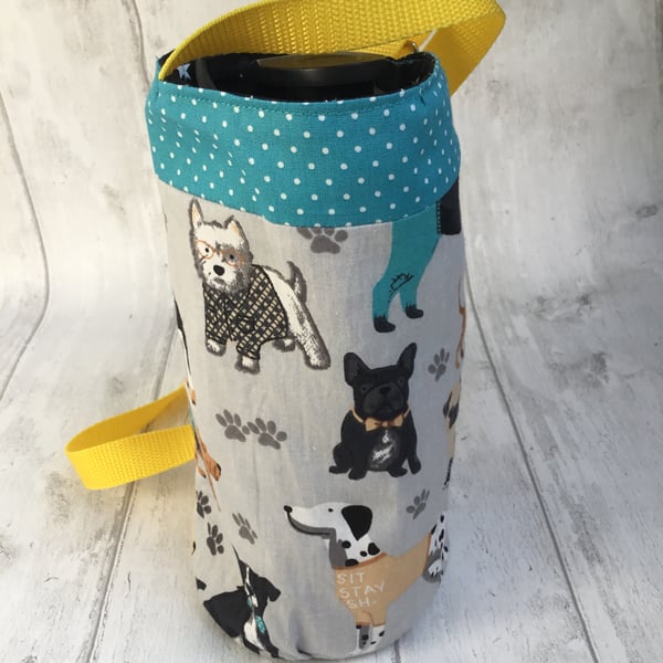 Water bottle carrier with phone pocket. Grey, turquoise and yellow dog design.