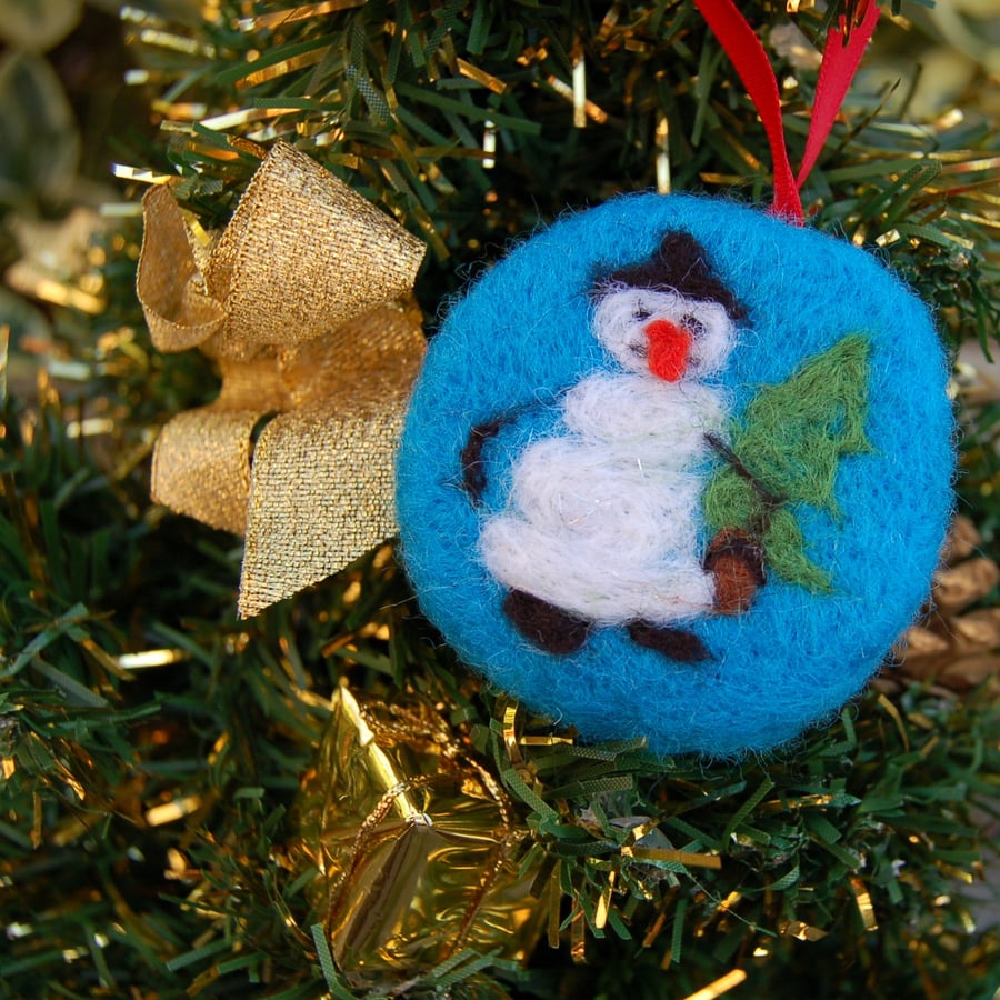 Snowman decoration,  needlefelt hanging decoration with a snowman on both sides