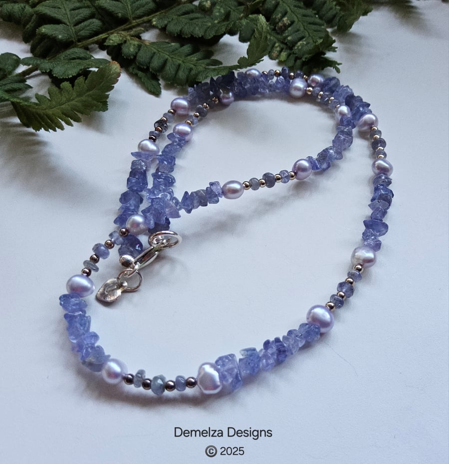 Designer AA Gade Tanzanite Nugget, Freshwater Pearl Sterling Silver Necklace