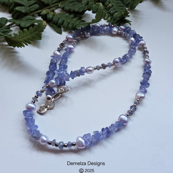 Designer AA Gade Tanzanite Nugget, Freshwater Pearl Sterling Silver Necklace