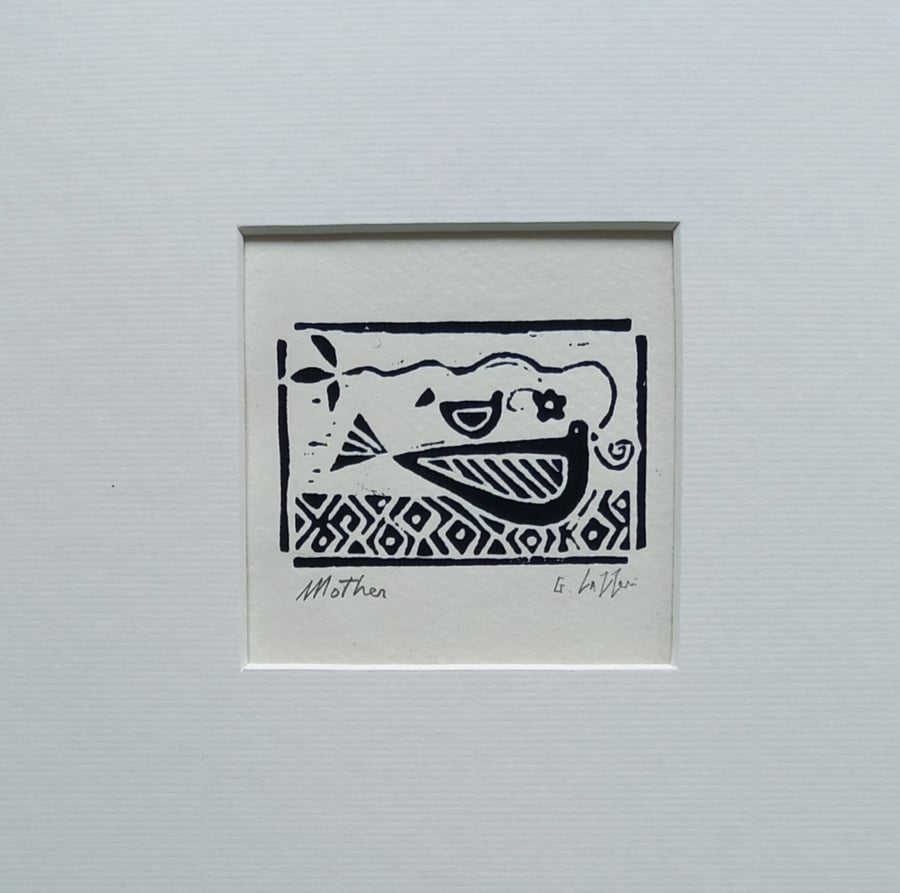 Mother Love, Black Mini Linocut, Mounted Original Lino Print, Giuliana Lazzerini