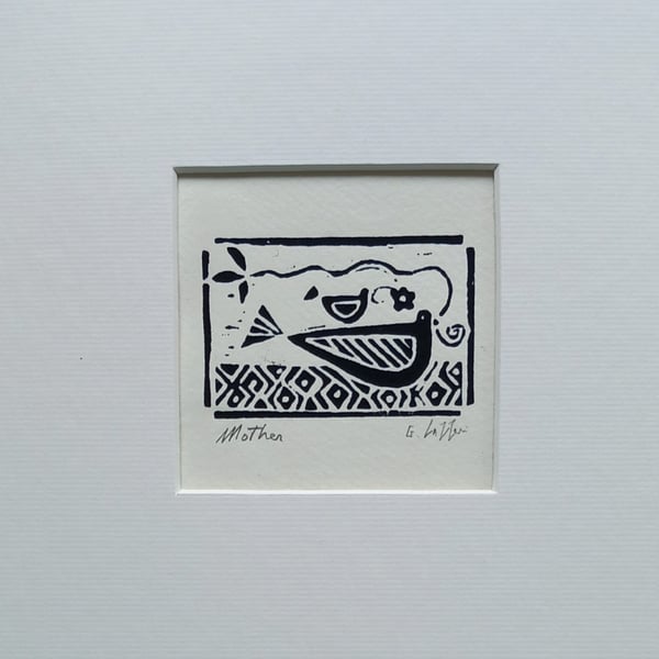 Mother Love, Black Mini Linocut, Mounted Original Lino Print, Giuliana Lazzerini