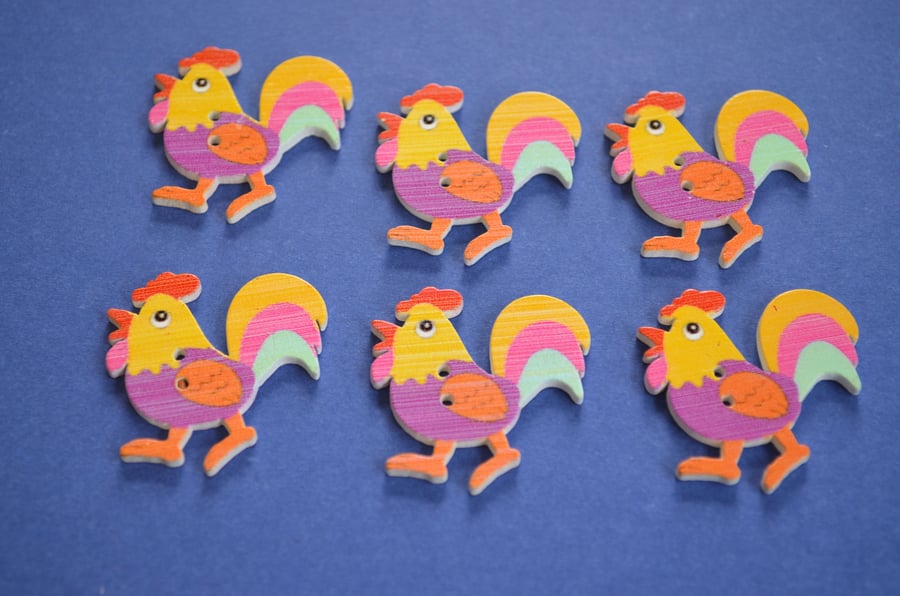 Wooden Cockerel Buttons Purple Yellow 6pk 30x30mm Chicken Hen (CK3)