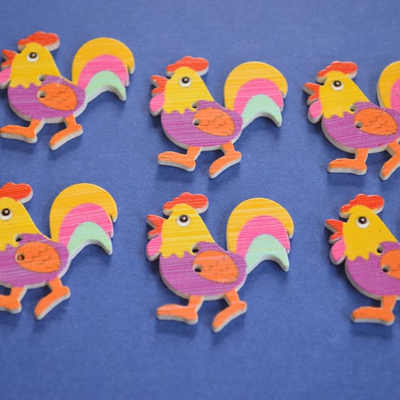 Wooden Cockerel Buttons Purple Yellow 6pk 30x30mm Chicken Hen (CK3)