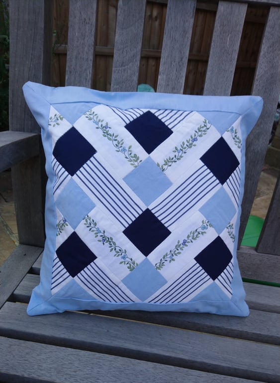 Blue and white patchwork cushion cover 39 cm square