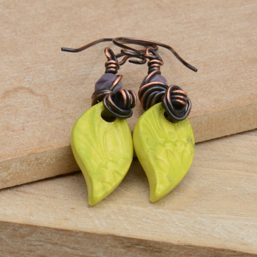 Lime Green Ceramic Drop and Purple Czech Bead and Copper Earrings