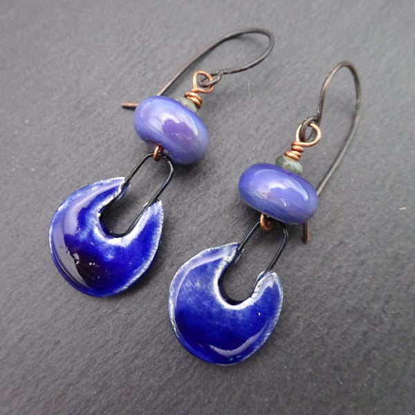 copper earrings, purple lampwork glass and ceramic jewellery