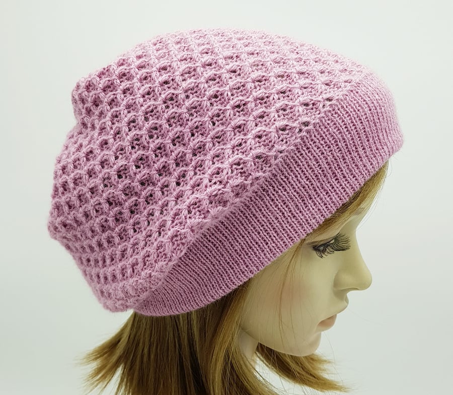 Handmade pale pink beret for women, knitted alpaca beanie hat