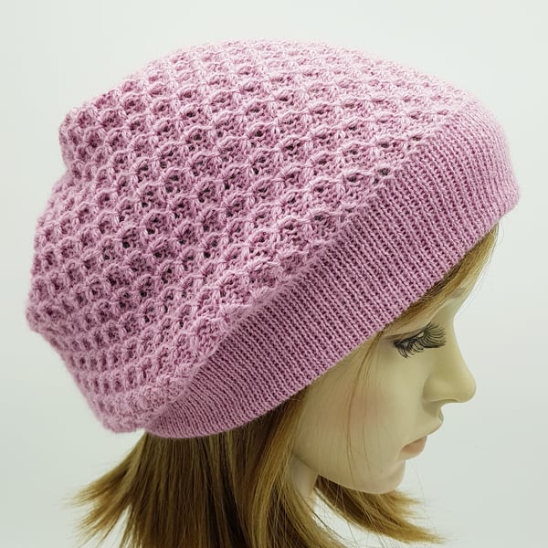 Handmade pale pink beret for women, knitted alpaca beanie hat