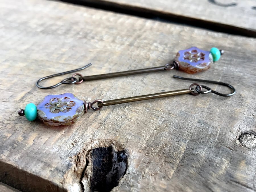 Czech Glass Daisy Bead Earrings - Purple, Aqua, Brass - Spring Boho Style