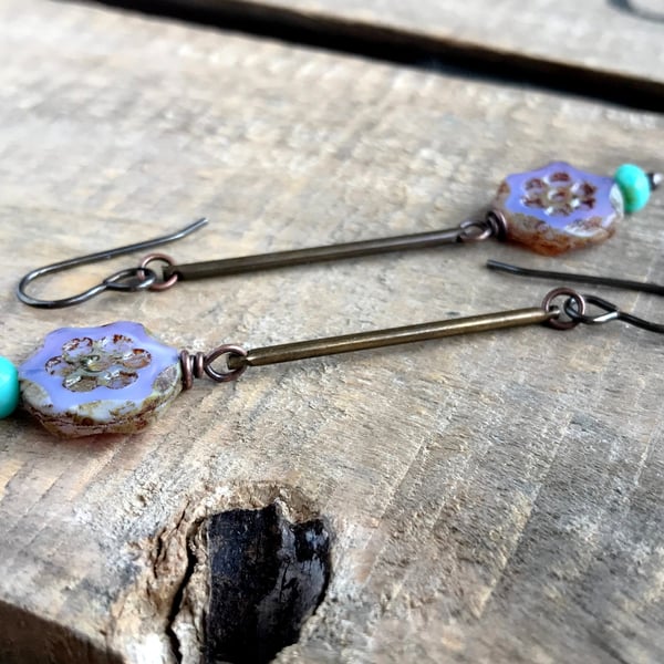 Purple & Aqua Czech Glass Daisy Earrings. Lightweight Antiqued Brass Earrings